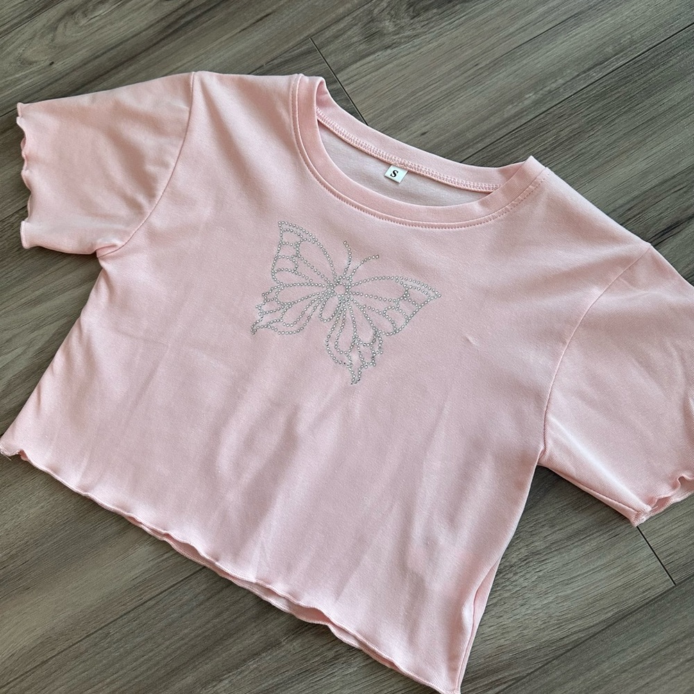 Pink crop butterfly t shirt